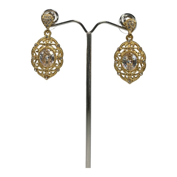Gold Filigree Oval Dangle Earrings with Cubic Zirconia - Picture 2 of 9